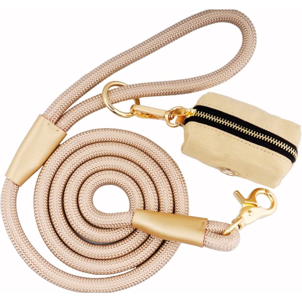 5 FT Nylon Rope Dog Leash with Poop Bag Holder (Beige)