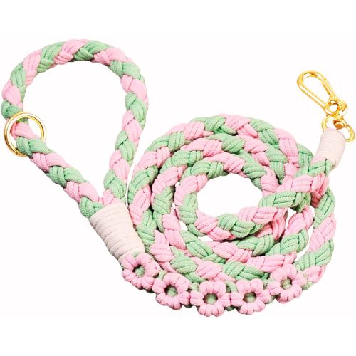 Handmade 5ft Braided Cotton Dog Leash with Unique Floral Handle